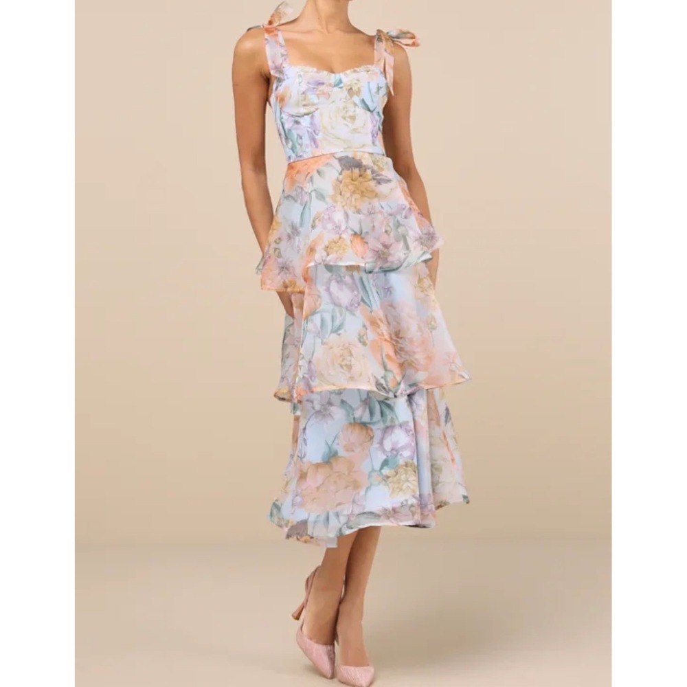 Lulus Playfully Posh Blue Floral Organza Tie-Strap Tiered Midi Dress Small NWT